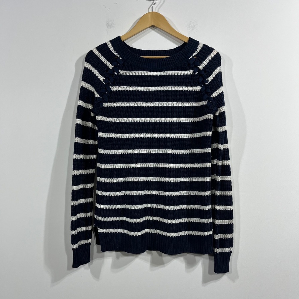 SO Nautical Striped Lace Up Knit Sweater Womens Large Fisherman Old Money Preppy